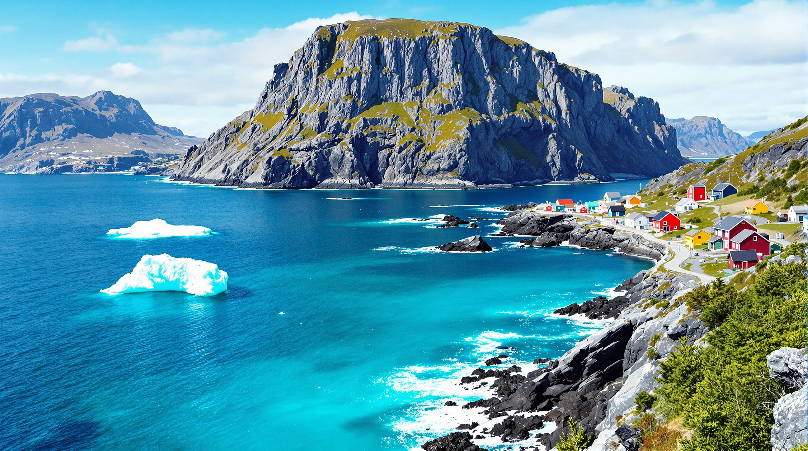 Dramatic Newfoundland coastline with iceberg and colorful fishing village
